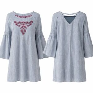 NWT Hayden Girls Striped Embroidered Bell Sleeve Dress Sz 13/14 Blue White